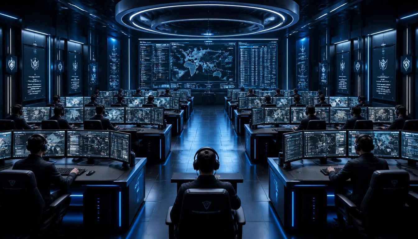 Rows of dark FPS gaming stations facing a central aisle at NOSCOPE computer club