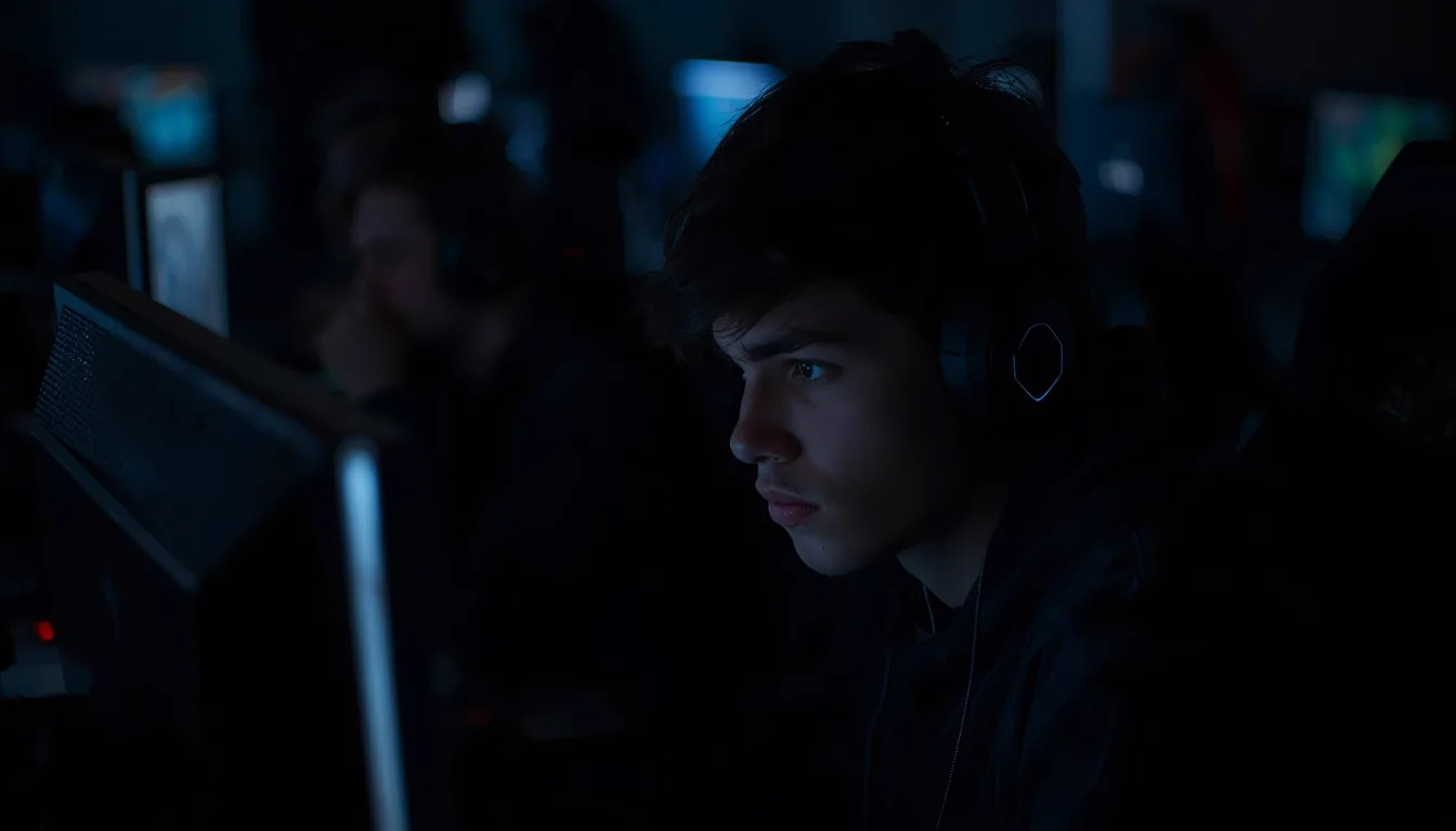 Player at a high-refresh monitor in a dark high-refresh lane at NOSCOPE